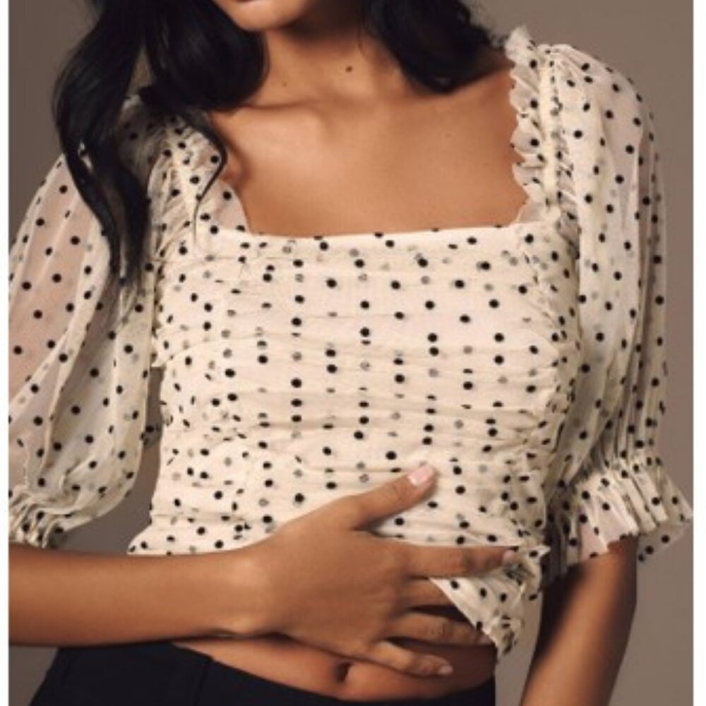 Anthropologie-Maeve Short-Sleeve Mesh Ruched Top